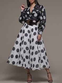 Rok Midi, Dots Outfit, White Polka Dot Skirt, Sandal Tali, Dots Fashion, Polka Dots Outfit, Polka Dots Fashion, Fall Wedding Guest Dress, Elegant Skirt