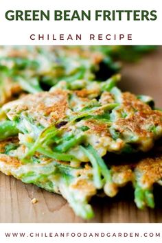 green bean fritters on a cutting board with text overlay that reads, green bean fritters