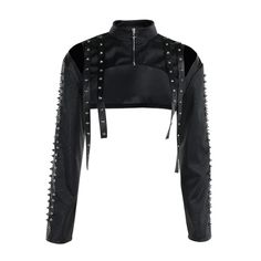 Indulge in alternative aesthetics with our Gothic Punk Leather Rivet Shrug Jacket. Featuring cut-out shoulder details and a bold crop length, this jacket adds a touch of edginess. The zipper front and rivet detailing exude a rebellious vibe, while the black PU leather delivers a sleek, fierce look. Perfect for gothic, punk, and rock styles, this piece is a must-have for your edgy wardrobe. Cut-out shoulder details Crop length for an edgy look Zipper front closure Rivet detailing for rebellious s Edgy Wardrobe, Hollow Out Top, Punk Clothes, Shrug Jacket, Elegant Halloween, Leather Rivets, Skirt Suit Set, Accessories Bags Shoes, Slim Fit Jackets