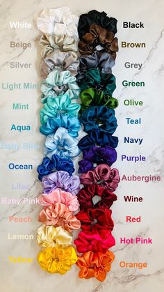 Scrunchie Name Ideas, Scrunchies Aesthetic Hairstyles, Schruncies Aesthetic, Silk Scrunchies Aesthetic, Pastel Scrunchies, Aesthetic Scrunchies, Scrunchies Aesthetic, Color Knowledge, Diy Hair Scrunchies