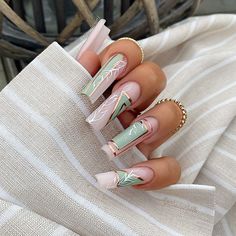 Blossom Nails, Kylie Nails, Green Acrylic Nails, Green Nail, Long Acrylic Nails Coffin, Long Square Acrylic Nails, Glam Nails, Acrylic Nail Art, Coffin Nails Designs