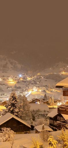 a snowy landscape with houses and lights in the distance