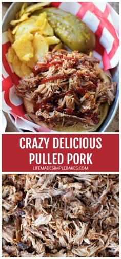 pulled pork with pickles and potato chips on the side is shown in this collage