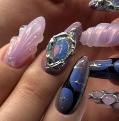 3d Nail Designs Acrylics, K Pop Nails, Nail Extensions Acrylic, Yellow Nail Art, Fantasy Nails, Claw Nails, Goth Nails, Mermaid Nails, Nails Blue