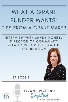 a woman with red hair and polka dot shirt is featured in the episode, what a grant funder wants tips from a grant maker