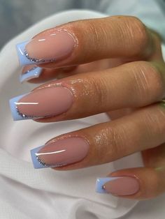 light blue french tips with glitter square nails Graduation Nails, Blue Acrylic Nails, Colorful Nails, Easy Nails, French Tip Acrylic Nails, Nail Stuff, Blue Nail