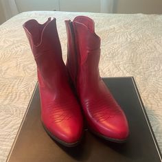 Never Worn. Mia Size 8.5 Short Boots That Would Look Great With Your Favorite Jeans! Original Box Casual Red High Heel Boots, Casual Red Boots With Flat Heel, Casual Red Flat Heel Boots, Red Ankle-high Boots For Spring, Medium Width Closed Toe Red Boots, Red Medium Width Closed Toe Boots, Red Medium Width Boots, Burgundy Pointed Toe Casual Boots, Red Boots For Spring