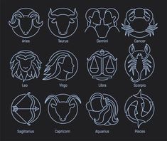 zodiac signs and their names on black background