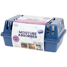 a blue plastic container with a white label on the front and side of it that says moisture absorber