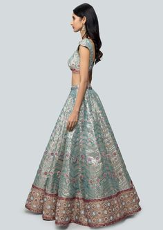 Turkish blue embellished heavy kali plastic mirror work tissue lehenga with broad border lehenga, sleeveless blouse and cutwork border dupatta. Lehenga Sleeveless, Tissue Lehenga, Plastic Mirror, Blue Lehenga, Mirror Work, Cut Work, Sleeveless Blouse, Lehenga, Mirror