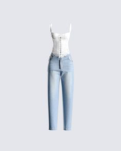 An everyday, casual but chic look 👏🏼 Never struggle to find the perfect fit for any occasion with this white eyelet corset and wide-leg blue jean set 💫 Jean Set, White Corset Dress, Doctor Outfit, High Waist Sports Leggings, Belly Shirts, Cute Lazy Day Outfits, Casual Day Outfits, Lazy Day Outfits, Fashionista Clothes