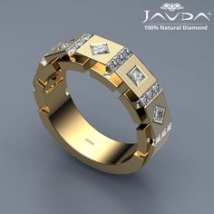 a gold wedding band with diamonds on it