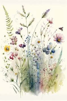 watercolor painting of wildflowers and butterflies