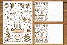 three birthday cards with the words happy birthday on them