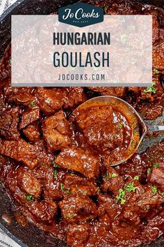 beef goulash in a skillet with text overlay that reads how to cook hungarian goulash