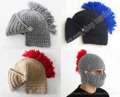 crocheted hats with red, white and blue pompoms on them are shown in four different colors