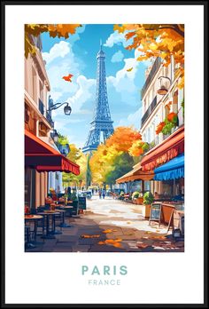 the eiffel tower in paris, france with autumn leaves on the ground and people walking