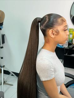 Sleek Long Ponytail Black Women, Long Frontal Ponytail, Gelled Ponytail Hairstyles, Long Ponytail Black Women, Ponytail With Weave Black Women, Slick Back Long Ponytail, Ponytail Black Girls Hairstyles, Curly Hair Ponytail Black Women, Frontal Ponytail Styles