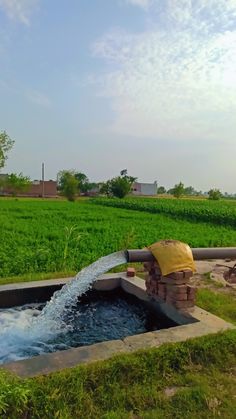 a fire hydrant that is pouring water into the ground with grass in the background