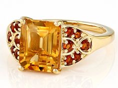 2.81ct Rectangular Octagonal Golden Yellow Citrine With 0.35ctw Round Madeira Citirine 18k Yellow Gold Over Sterling Silver Ring. Measures Approximately 0.72"L x 0.45"W. Not Sizeable. Finished Under Gallery. Topaz Jewelry Yellow, Elegant Yellow Citrine Crystal Ring, Collectible Citrine Ring Jewelry, Yellow Topaz Sterling Silver Hallmarked Ring, Yellow Citrine Hallmarked Rings, Luxury Hallmarked Citrine Rings, Topaz Rings, Topaz Yellow, Yellow Gemstones