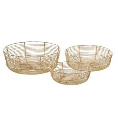 three round baskets with handles on each side and one in the middle, set against a white background