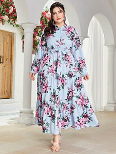 Blue Long Sleeve Maxi Dress With Ruffles, Light Blue Long Sleeve Maxi Dress With Ruffles, Blue Long-sleeve Dress With Ruffle Hem, Belted Dress, Dress P, Ruffle Hem, Plus Size Dresses, Floral Print, Floral Prints