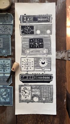 a drawing of an old fashioned radio on paper next to some rubber stamps and scissors