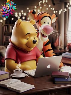 winnie the pooh and tigger sitting at a desk with a laptop on it