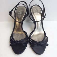 Coach Women’s Bethanie Black Knotted High Heels, Size 9b Satin Sheen, Double Wrap Around Ankle Strap, Adjustable Elastic 4” Heels Excellent Almost New Condition, Never Worn Outside (The Bottom Of One Shoe Has Residue From The Store Price Sticker) Elegant Spring Heels With Padded Ankle, Elegant Coach Heels For Formal Occasions, Spring Evening Heels With Padded Ankle, Elegant Coach Heels With Padded Heel, Coach Black Pointed Toe Heels, Coach High Heels Medium Width, Coach High Heel Shoes Medium Width, Coach High Heels With Medium Width, Elegant Coach High Heel Shoes