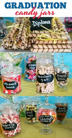 graduation candy jars with chalkboard labels on them and labeled graduation candies in glass containers