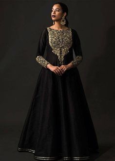 Beautiful black raw silk long anarkali gown has sequin,beads and zari hand embroidery over the neck and sleeves. ✨If you want any changes in the outfit please contact us we will guide you as per your preference. ✨We assure you that we use only high quality fabric and threads to make any dress and you won't face any problem regarding fabric.  ✨We take little longer time to manufacturer the outfit as we made on order and take utmost care while making it so that our customers should be fully satisfied when they receive the dress. Your patience is important.  🌸Care Instructions Dry clean only Luxury Black Anarkali Set With Pallu, Luxury Black Anarkali Salwar Kameez, Luxury Black Anarkali Set For Formal Occasions, Luxury Black Anarkali Set For Party, Luxury Raw Silk Gown With Zari Work, Luxury Jamawar Gown With Zari Work, Luxury Gown With Zari Work In Art Silk, Luxury Anarkali Black Kurta, Luxury Black Raw Silk Anarkali Set