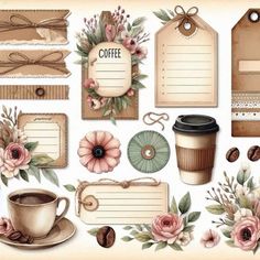 various items that include coffee, flowers and paper with tags on them are shown in this image