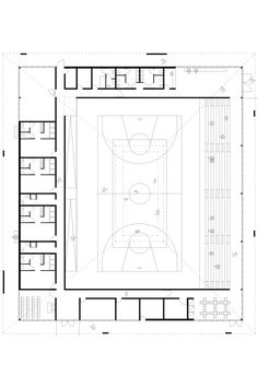 the floor plan for an indoor basketball court, with two courts and one goal on each side