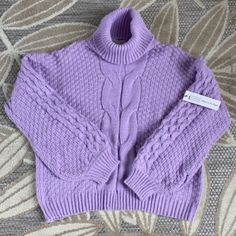 Woven Heart Sweater Szxl In Lavender Color Super Soft New, In Perfect Condition Trendy Lavender Winter Tops, Trendy Lavender Tops For Winter, Trendy Lavender Winter Sweater, Fitted Lavender Winter Sweater, Fitted Lavender Sweater For Winter, Heart Sweaters, Woven Heart, Cable Knit Turtleneck Sweater, Woven Sweater