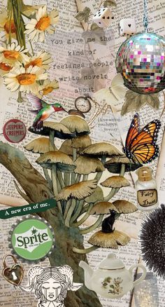 a collage with flowers, butterflies and disco ball on it's back ground