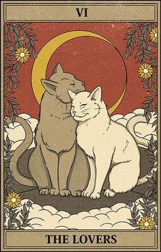 two cats sitting next to each other on top of a tarot card with the moon in the background