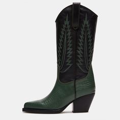 Introducing our Black Green Croco Embossed Pointed Toe Mid-Calf Cowgirl Boots for Women. These boots combine edgy style with comfortable wear, perfect for making a statement wherever you go. Color: black green Heel Type: chunky heel Heel height: 2.5 inches/ 6.35 cm Toe: pointed toe Contrasting finishes design Embroideryembellishment Handcrafted US sizing. Fits true to size. Black Cowboy Boots, Black Cowboy, Green Heels, Pu Heels, Edgy Style, All About Shoes, Pointed Toe Heels, Wide Calf, Boots For Women