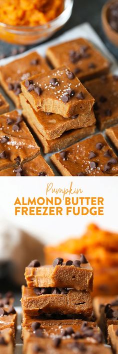 there are many pieces of food on the plate and in front of them is an image of almond butter freezer fudge