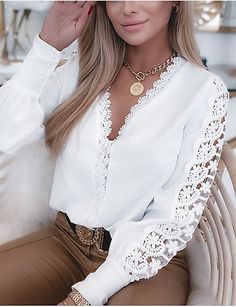 Women's Blouse Plain Daily Weekend Blouse Shirt Long Sleeve Cut Out Lace V Neck Casual White S 8979439 2022 – $22.99 Top In Pizzo, White Lace Shirt, Lace Blouse Long Sleeve, Glamour Vintage, Patch Work Blouse, Women White Blouse, Petal Sleeve, Sleeves Clothing, Blouse Tops