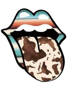 the rolling stones tongue sticker is shown in brown, white and blue stripes with an animal print on it