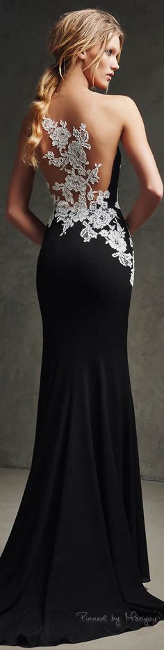 Pronovias 2016 - white lace snakes down the back of this slinky, black stunner and will have all eyes on you at your special event. Black And White Dress, Evening Gowns, Prom Dress, Beautiful Dresses, Evening Dresses, A Black, White Dress, A Woman, Black Dress