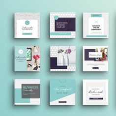 a bunch of different business cards on a blue and green background with flowers in vases