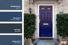 a blue front door with white trim and some plants on the outside wall, along with other colors to choose from