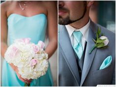 a man in a gray suit holding a white and pink bouquet next to a woman in a blue dress