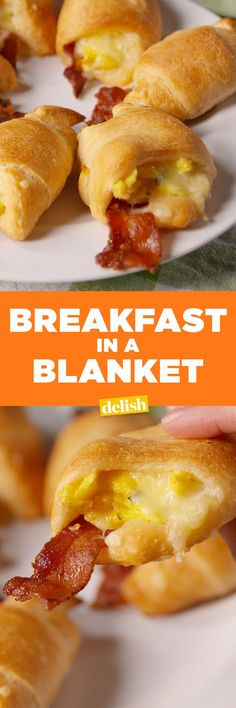 breakfast in a blanket with bacon and cheese on it is shown here, the sandwich has been cut in half