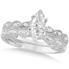 Marquise Antique Style Diamond Bridal Set in 14k White Gold (1.58ct) Allurez Jewelry, Engagement Ring Wedding Band Set, Engagement Rings Wedding Bands Set, White Gold Bridal Set, Marquise Cut Engagement Ring, Antique Diamond Engagement Rings, Sparkly Ring, Antique Wedding Rings, Antique Diamond Rings