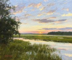 an oil painting of the sun setting over a marshy area with trees and water