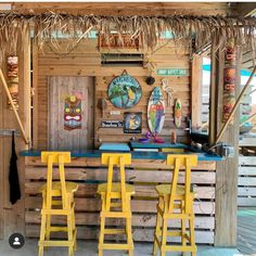 some yellow chairs are sitting in front of a bar with tiki signs on the wall