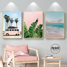 three prints on the wall of a living room with a pink couch and white chair