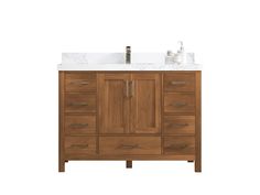 an image of a bathroom vanity with marble counter top and wooden cabinetry on white background